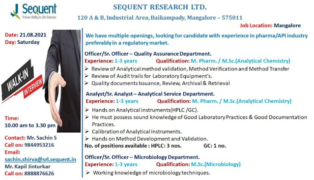 Job Availables, Sequent Research Ltd Walk-In-Interview for QA/  Microbiology/ Analytical Service Departments