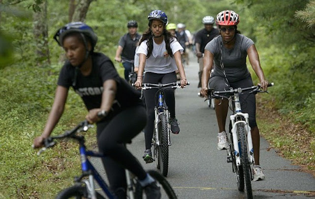 The Obamas on a bike ride at Martha's Vineyard