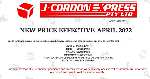 J.Cordon Express balikbayan box rates Melbourne to the Philippines