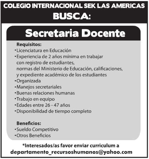 Empleo Colegio Internacional SEK Las Américas busca Secretaria Docente