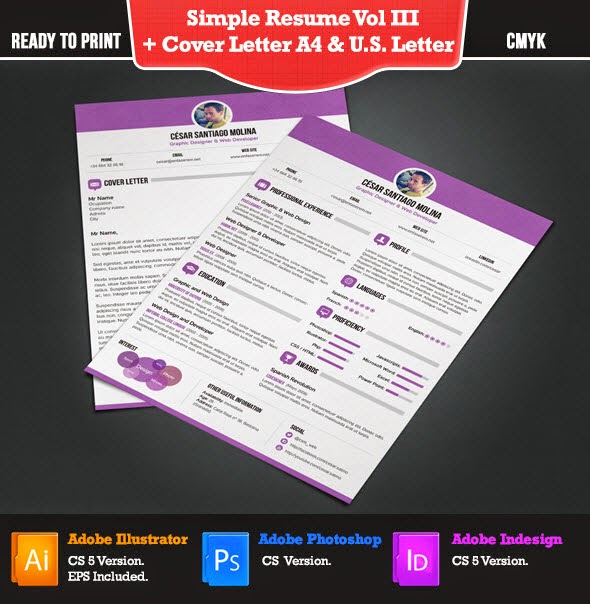 Simple Resume 3 + Cover Letter A4 and US Letter