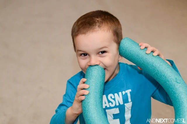 How to use a pool noodle to work on volume control with kids - great idea for kids with autism from And Next Comes L