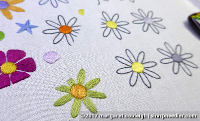 SFSNAD Flower Power Challenge: Grey embroidered daisies along with coloured flowers