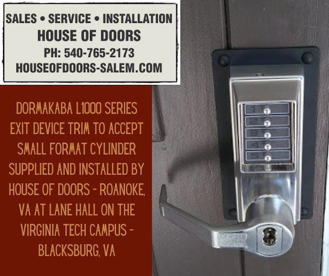 DormaKaba L1000 series exit device trim to accept small format cylinder supplied and installed by House of Doors - Roanoke, VA at Lane Hall on the Virginia Tech Campus - Blacksburg, VA