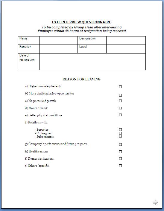 Exit Interview Questionnaire Form