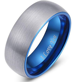 LaurieCinya Blue Tungsten Carbide Ring Men Women Wedding Band 8mm Domed Brushed Finish Comfort Fit ‘I Love You’