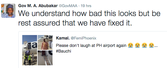 Bauchi State governor responds to Twitter user about Airport Mishap