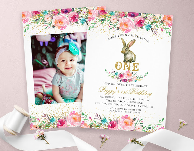  Beautiful Pink Floral Bunny 1st Birthday Photo Invitation