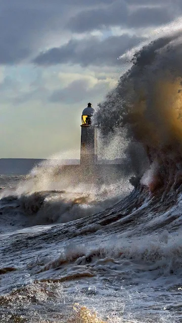 Wallpaper Lighthouse, Big Waves, Sky, Clouds