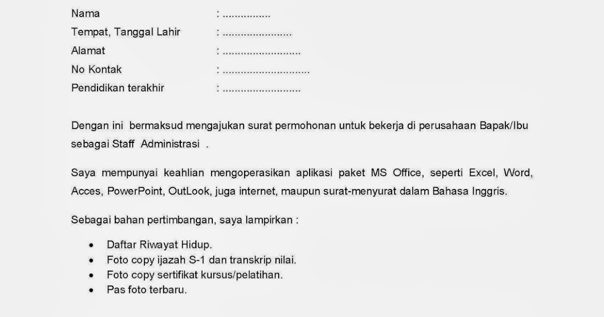 Contoh Surat Lamaran Kerja Staff Administrasi Dalam Bahasa 