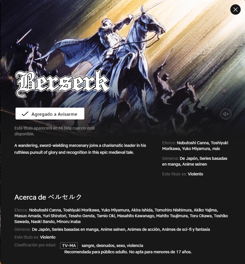 Berserk: Anime de 1997 está chegando na Netflix em dezembro