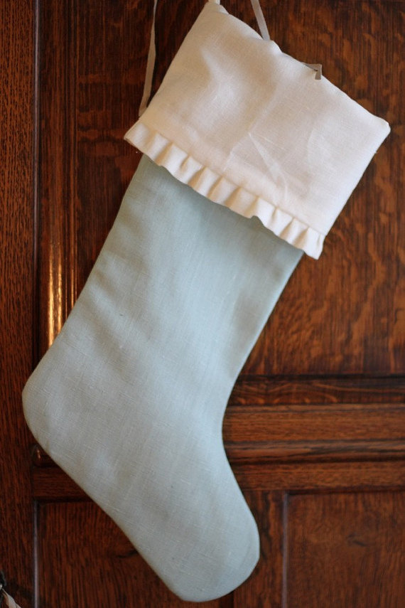 White and Ice Blue Linen Christmas Stocking