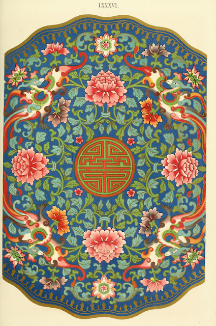 Illustration of a Chinese plate with various designs, including a shou character with swastikas in the center.