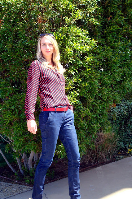 red and black in skinny jeans