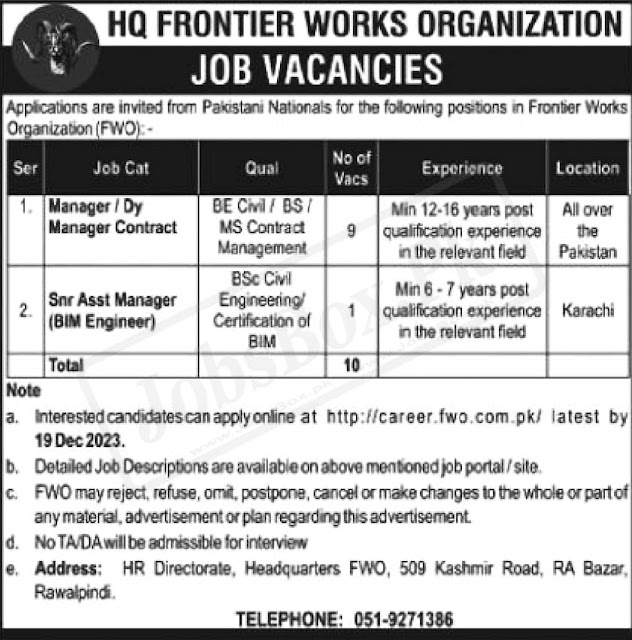 FWO Employment 2023 | Online Application Careers.fwo.com.pk Frontier Works Organisation