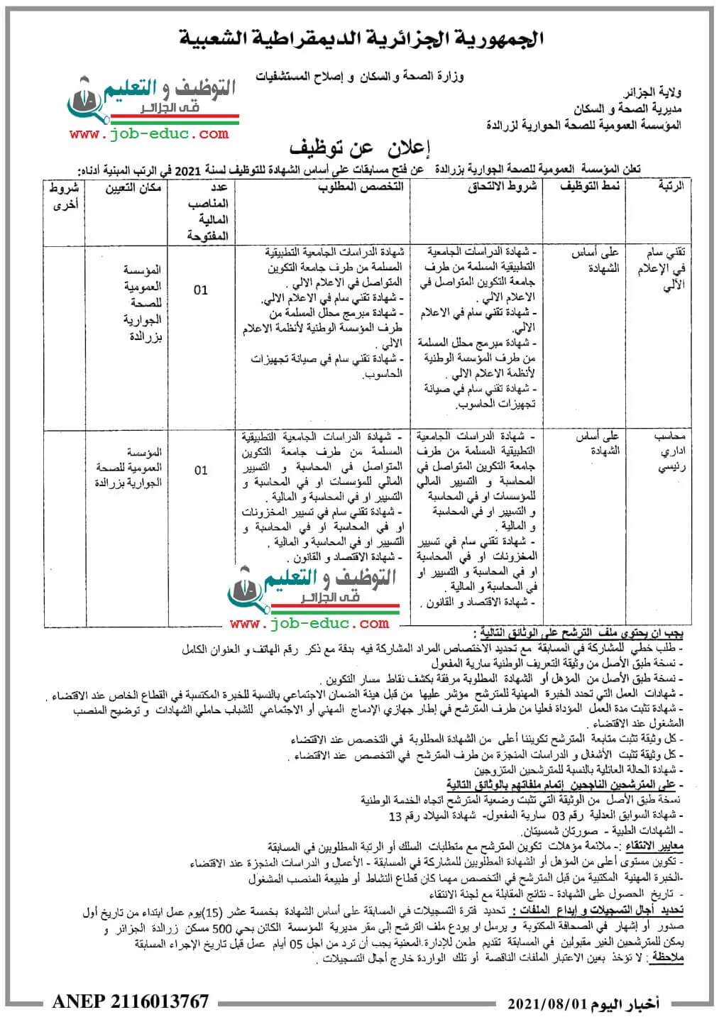 اعلان توظيف بالمؤسسة العمومية للصحة الجوارية لزرالدة ولاية الجزائر