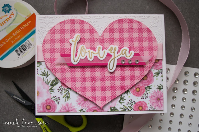 Pretty florals and pink flannel are combined on this sweet Valentine.  Handmade and stamped with Fun Stampers Journey Flannel Life background stamp, and Everyday Script stamp and die set.