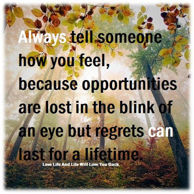 Always tell someone how you feel, because opportunities are lost in the blink of an eye but regrets can last for a life time.