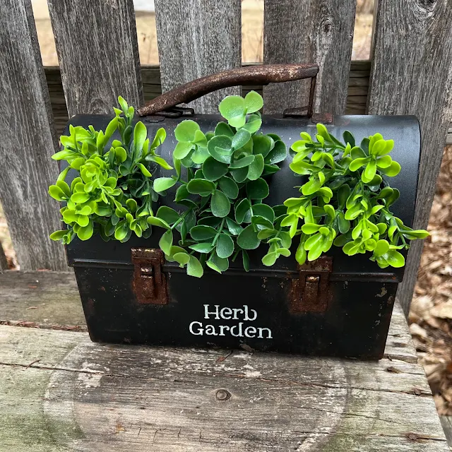 Photo of vintage metal lunchbox repurposed as an herb planter.