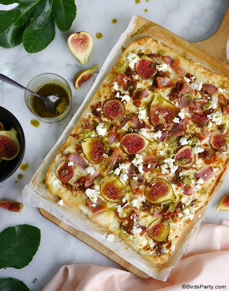 Fig, Prosciutto Ham and Feta Cheese Pizza - easy, quick to make, delicious homemade pizza with seasonal figs for Fall entertaining or weekend brunch! by BirdsParty.com @BirdsParty #recipe #pizza #figs #ham #fetacheese #figrecipe #fallappetizer,thanksgivingappetizer #appetizer