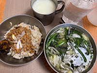 朝食  納豆withさばめし ほうれん草＆ネギ汁