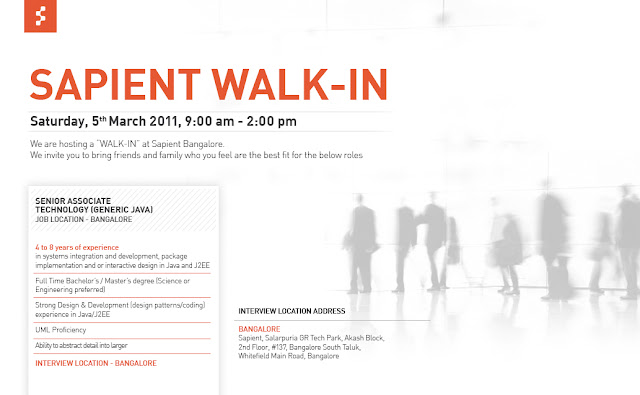 Sapient Referral Walins for experienced java professionals at Bangalore