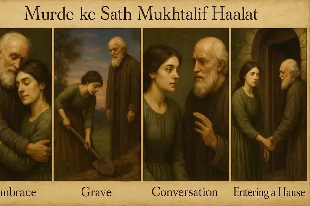 Chaar alag-alag khwabon ka manzar jismein ek aurat murda shakhs se gale mil rahi hai, qabar khod rahi hai, baat kar rahi hai, aur uske sath ek ghar mein dakhil ho rahi hai.