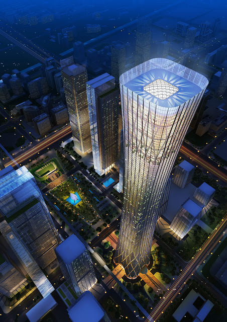 Rendering of China Zun (CITIC Plaza) by TFP Farrells, Beijing, China as seen from the air with the city in the background at night