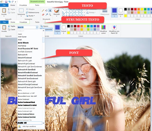aggiunta del testo con Paint
