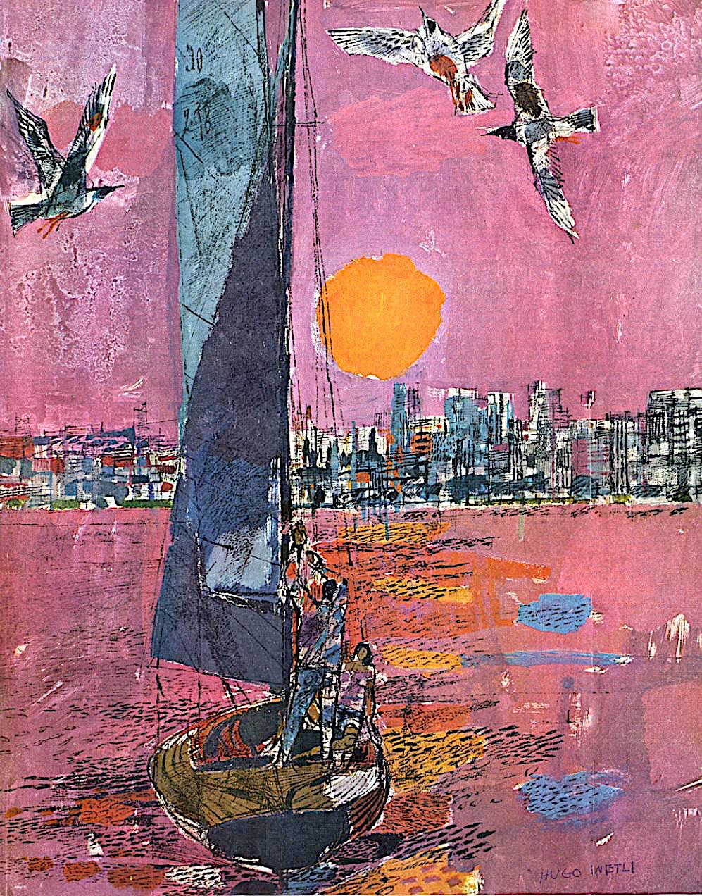 a Hugo Wetli travel poster illustration of a sailboat in an urban harbour