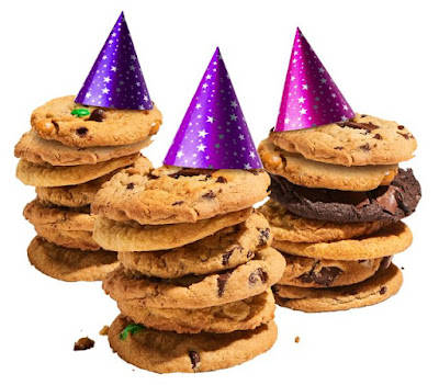 20 Insomnia Cookies with party hats.