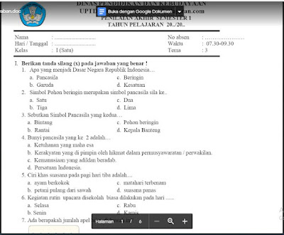 Soal PAS Tema 3 Kelas 1 Kurikulum 2013 SD/MI