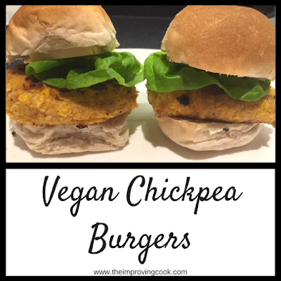 Pinnable image of two vegan chickpea burgers in buns