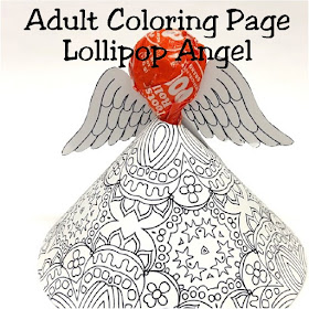 Print out this Adult Coloring page printable and make a fun Christmas angel for your Christmas party.  This Printable angel craft comes together in moments and holds a yummy Tootsie Roll sucker for a sweet Christmas treat.