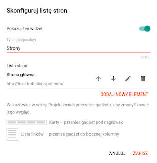 Ustawienia widżetu Strony na Bloggerze.