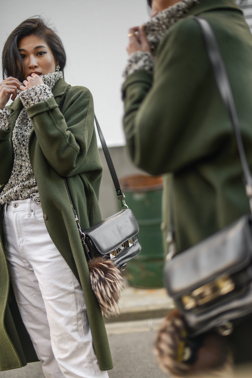 Olive green coat and speckled knit, Proenza Schouler PS11, Personal Style Blogger based in New York and Tokyo Van Le - FOREVERVANNY.com