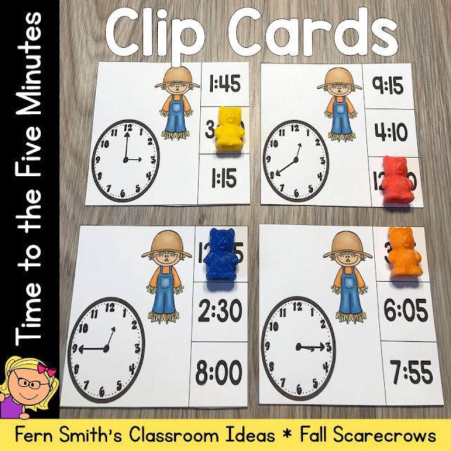 Click Here to Grab These Fall Scarecrow Themed Time to the Five Minutes Clip Cards for Your Class Today!