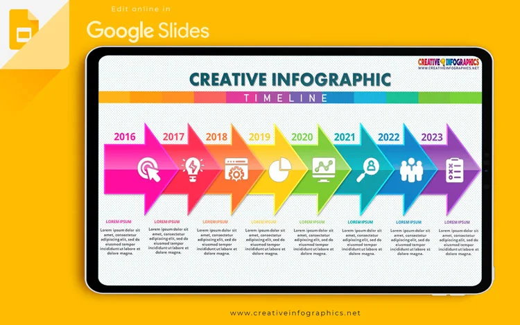 Google Slides timeline template with colorful arrows design