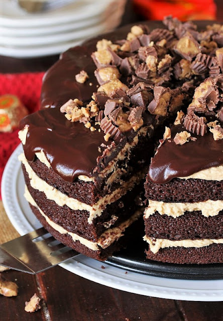Serving a Slice of Reese's Peanut Butter Chocolate Cake Image