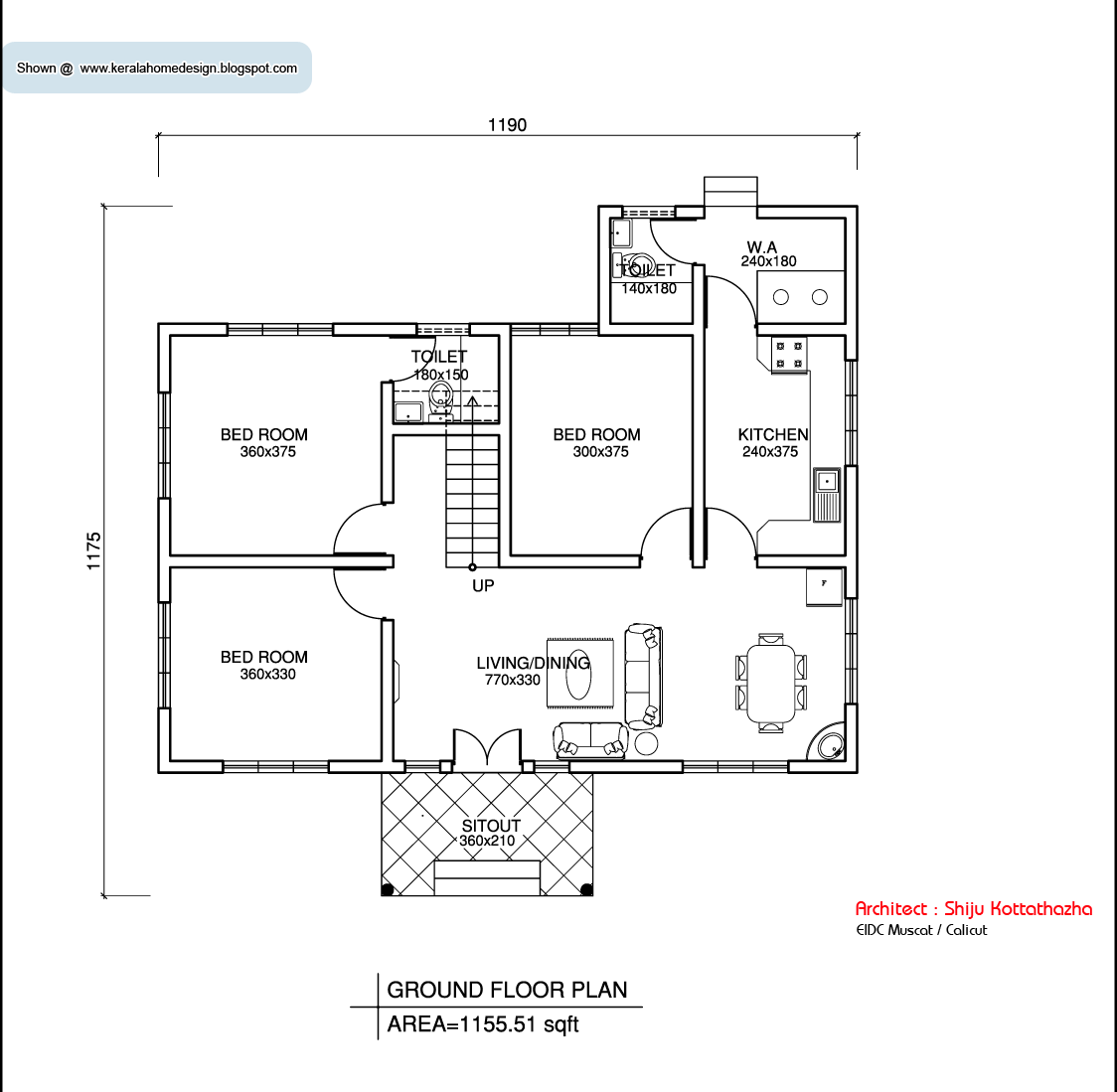 traditional bathroom decor single floor house plan - Floor Plam - 1155 Sq. Ft.