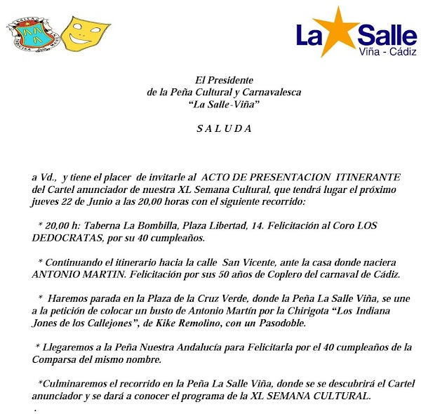 Comunicado Pena Cultural "La Salle-Viña"