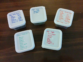 Five small food storage containers, each about 5 by 6 by 3.5 cm (2 by 2½ by 1½ inches). The lid of each is labelled in a different colour ink with the category and specific tokens to be found within. The categories include: Red - People; Olive - Undead; Orange - Animals/Roots; Teal - Ickies; Blue - Bodies/Outer Beings.