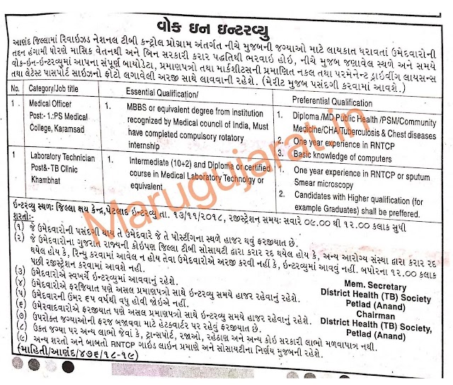 RNTCP Anand Recruitment for Medical Officer & Lab. Tech. Posts 2018