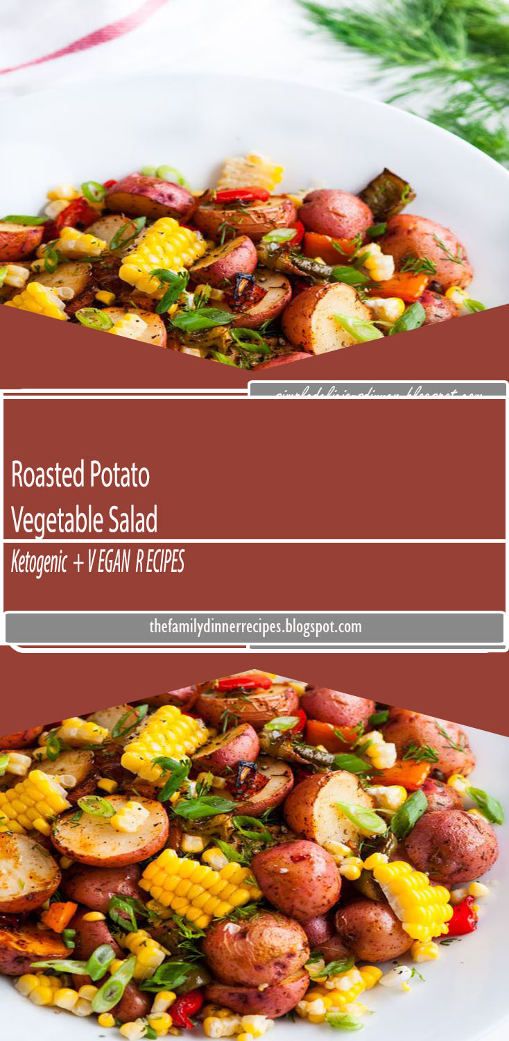 "Southwest Roasted Potato Salad recipe - One pan roasted red potato salad with bell pepper, corn, fresh dill and spices drizzled with olive oil. "
