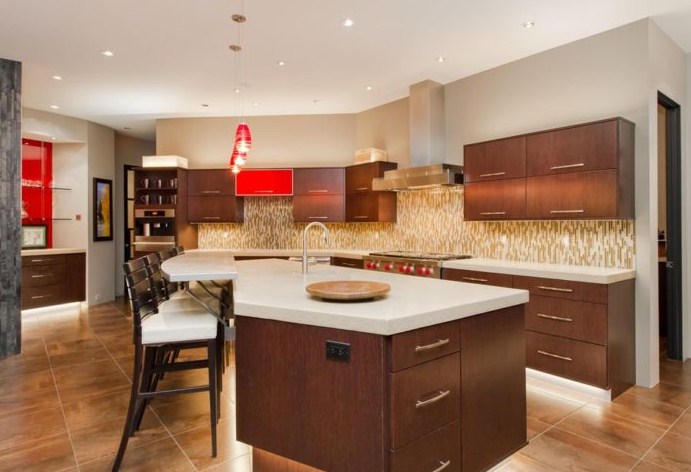 brown-kitchen-cabinets-with-white-quartz-countertops