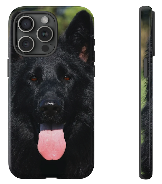 iPhone 15 Pro Max Tough Case With Close Up Face of Solid Black German Shepherd Shinny Coat Leaving Tongue Out