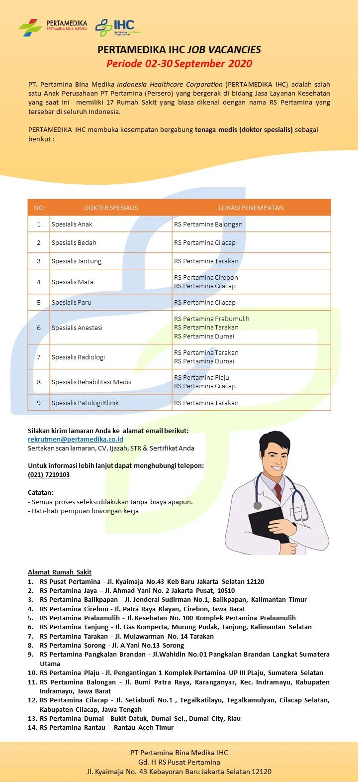 Lowongan Kerja Rumah Sakit Pertamina [Pertamedika] September 2020