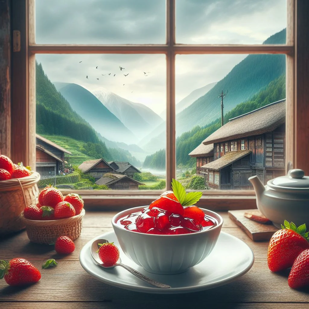 plato de gelatina de fresas frente a una ventana con vista al campo