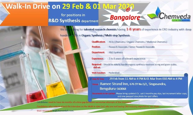 Chemveda Life | Walk-in for R&D on 29 Feb 2020 | Bangalore