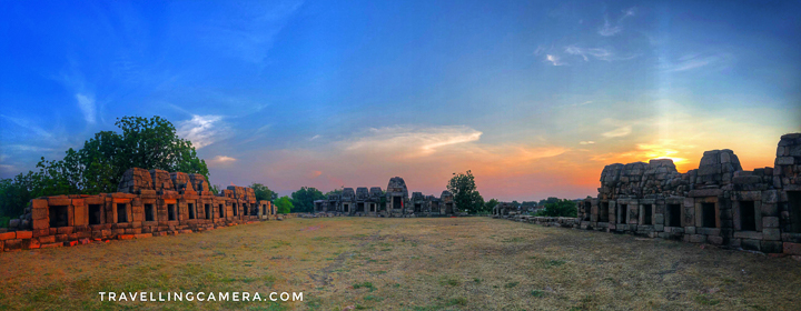 The shrines are made of coarse granite blocks. Originally there were 65 such shrines surrounding the central courtyard. Of these only 35 survive now. There is no trace of the central shrine that is usually dedicated to Lord Shiva and is found in other Chausath Yogini Temples. However, the shrine across the courtyard, facing the entrance is much larger than the other shrines and is thought to be dedicated to Goddess Durga. Rest of the 64 shrines most probably were dedicated to Yoginis. Now, however, no statues are to be found in these ruins.